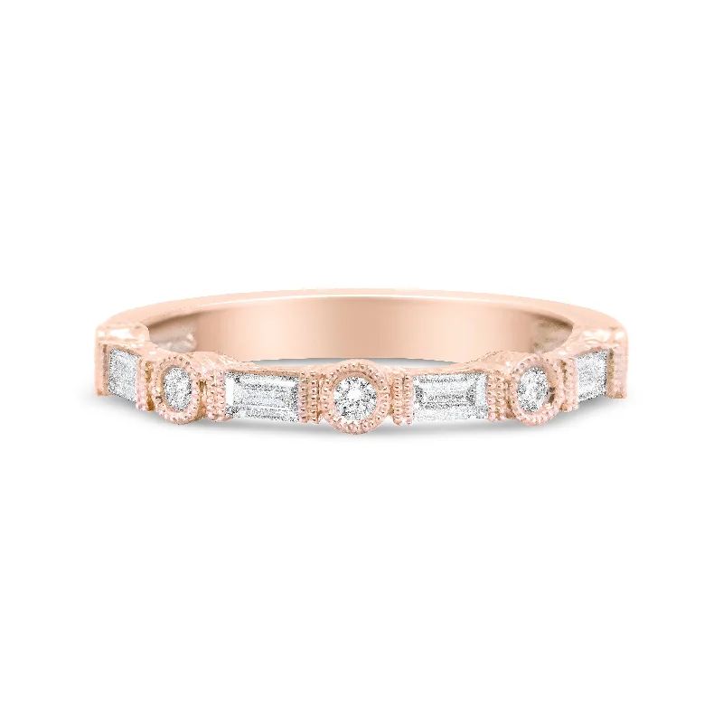 personalized wedding rings with names engraved-14K Rose Gold 3/8 Cttw Baguette and Round Diamond Bridal Band