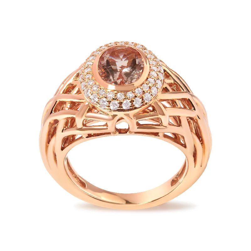 women’s wedding bands with cushion-cut diamonds-14K Rose Gold Oval Cut Light Pink Morganite and 3/8 Cttw Diamonds Halo and Basket Weave Cocktail Ring