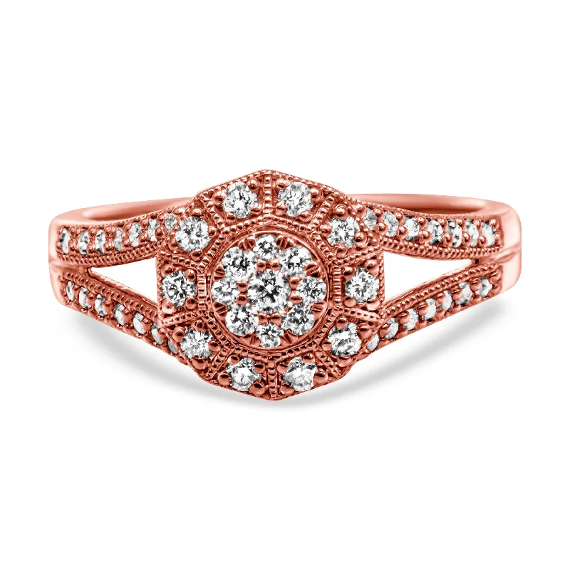 vintage rings for women with diamond centers-14K Rose Gold Plated .925 Sterling Silver 1/2 Cttw Pave Diamond Halo Cluster Split Shank Cocktail Ring