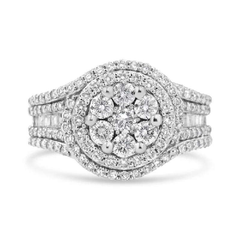 women’s vintage rings with rubies-14K White Gold 1 1/2 Cttw Diamond Floral Cluster and Studded Shank Halo Ring