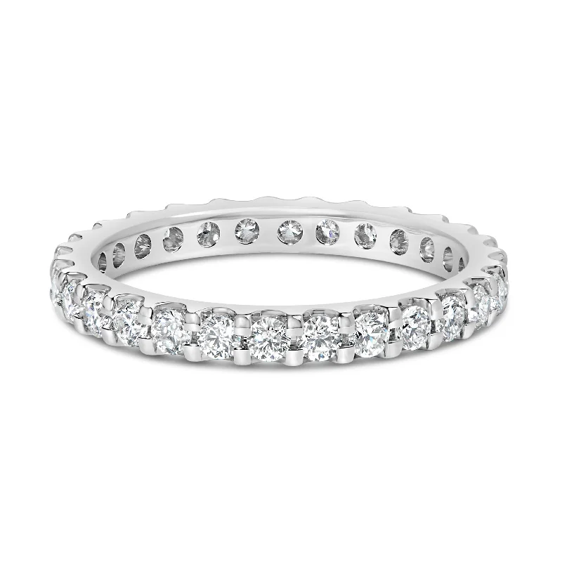 vintage wedding rings with emerald-cut diamonds-14K White Gold Shared Prong Set Round Diamond Eternity Band Ring