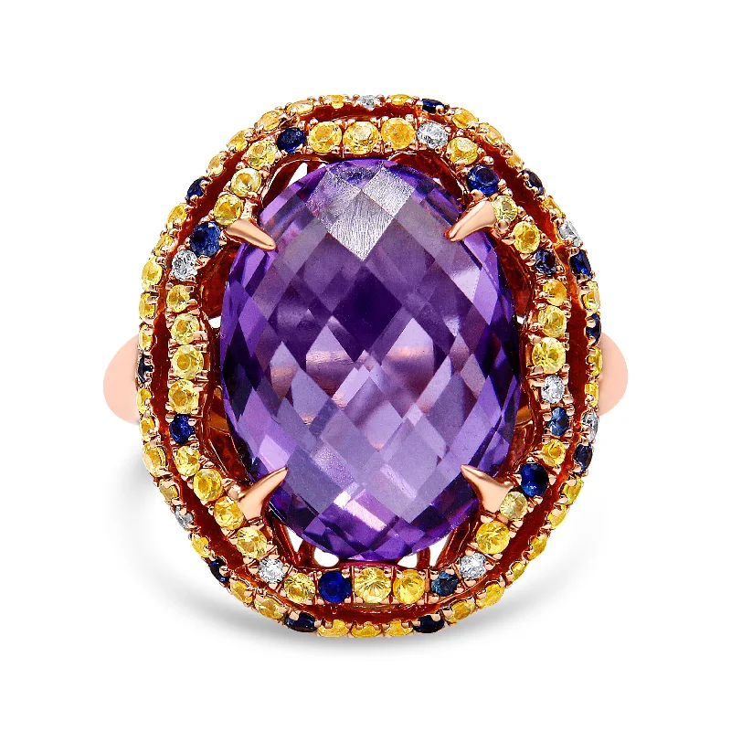 wedding rings with large round diamonds for men-18K Yellow and Rose Gold Claw Prong Set Checkerboard Cut Purple Amethyst, Blue & Yellow Sapphire, Diamond Accent Cocktail Ring Band