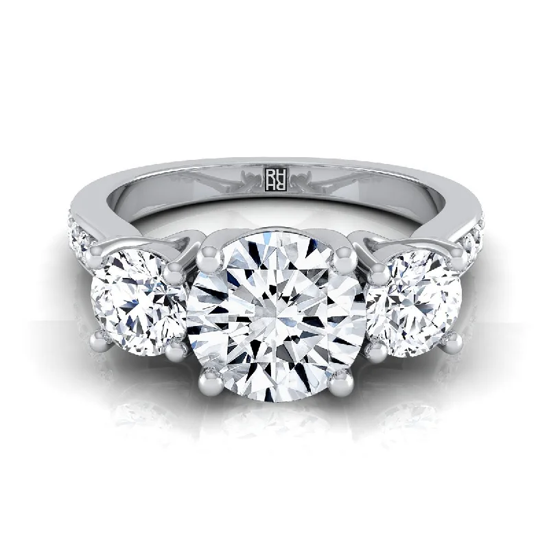 custom platinum rings with diamond accents-Platinum Round Brilliant Diamond Three Stone Classic with Channel French Pave Engagement Ring -7/8ctw