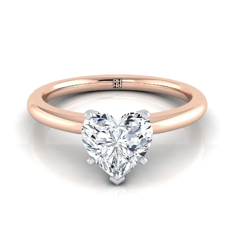 men’s silver rings with diamond inlays-14K Rose Gold Heart Shape Center  Round Comfort Fit Claw Prong Solitaire Engagement Ring