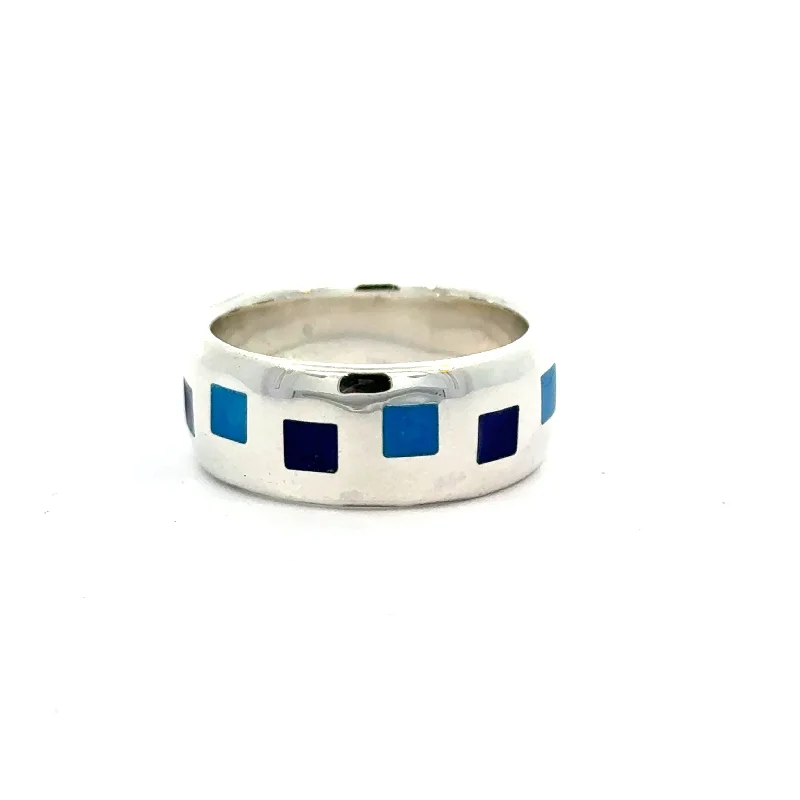 men’s wedding bands with polished silver finishes-8mm Square Pattern Enamel Ring