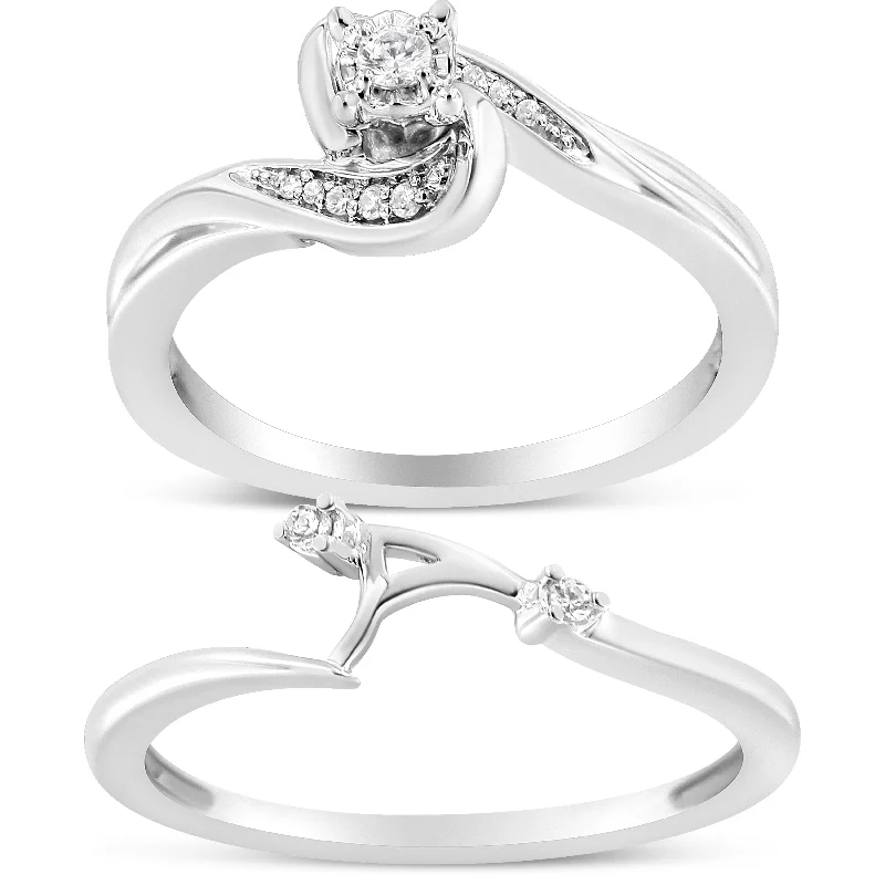 men’s rings with inlaid diamonds for engagement-.925 Sterling Silver 1/10 Cttw Diamond Swirl and Bypass Bridal Set Ring and Band