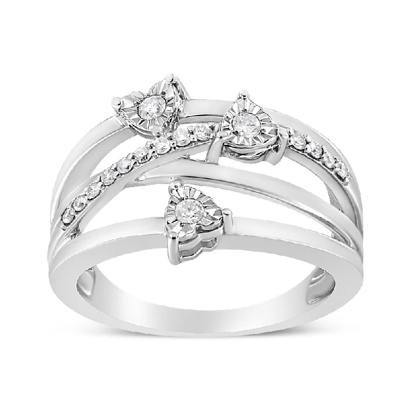 custom-designed diamond engagement rings for women-.925 Sterling Silver 1/5 Cttw Miracle-Set Diamond Heart Cross-Over Bypass Ring