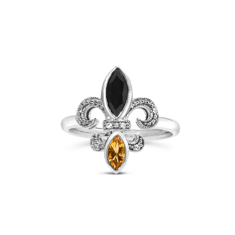 wedding rings with pear-shaped diamonds-.925 Sterling Silver Black Onyx and Yellow Citrine Marquise and Diamond Accent Fleur De Lis Ring