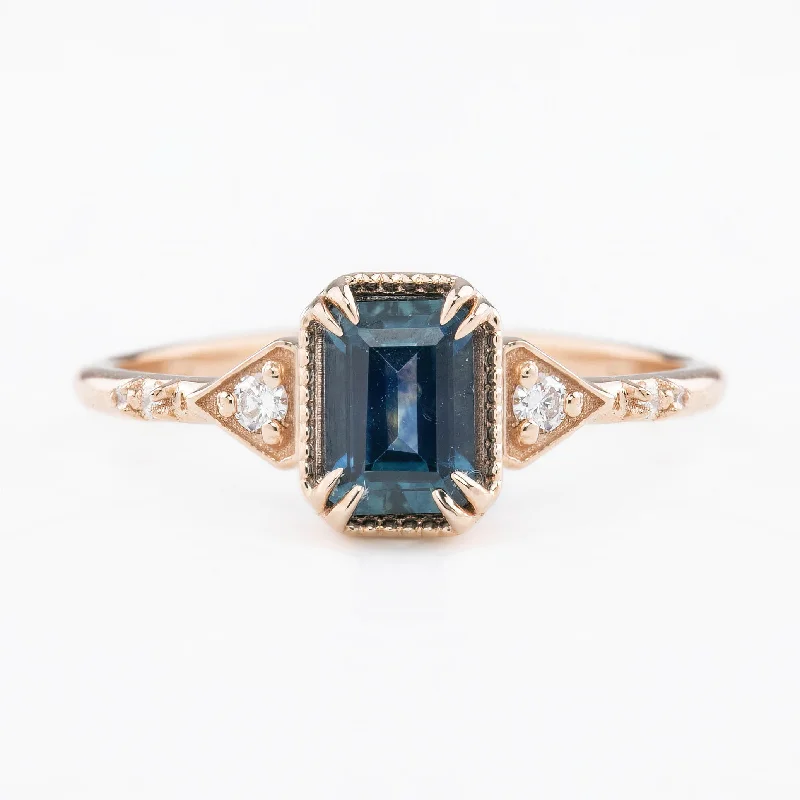 custom wedding rings for women with gemstones-Agatha Ring 1.11ct Deep Teal Blue Emerald Montana Sapphire, 14K Rose Gold (One of a kind)