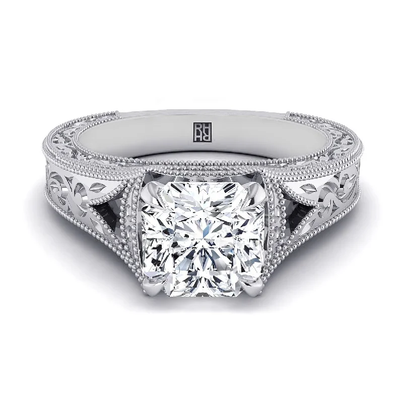 two-tone diamond wedding bands-18K White Gold Asscher Cut  Hand Engraved and Milgrain Vintage Solitaire Engagement Ring