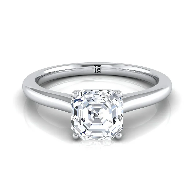 women’s gold rings with sapphire center stones-18K White Gold Asscher Cut  Pinched Comfort Fit Claw Prong Solitaire Engagement Ring