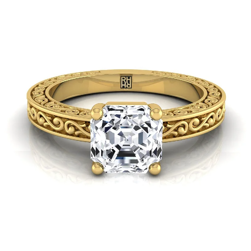 platinum wedding bands with round diamonds-14K Yellow Gold Asscher Cut Hand Engraved Scroll Vintage Solitaire Engagement Ring