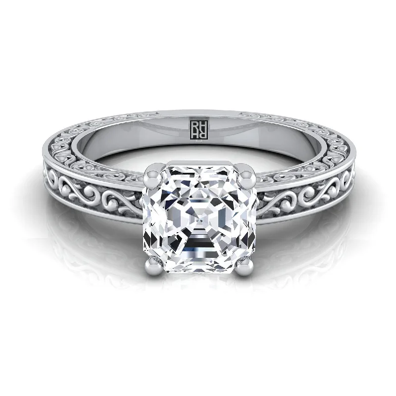 vintage rings for women with diamond centers-18K White Gold Asscher Cut Hand Engraved Scroll Vintage Solitaire Engagement Ring