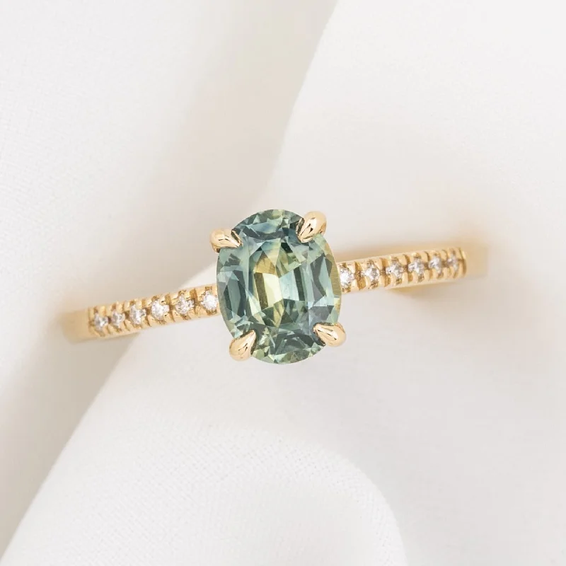 wedding rings with aquamarine center stones-Audrey Ring 1.20ct Light Blue Green Montana Sapphire, 14k Yellow Gold (One of a kind)