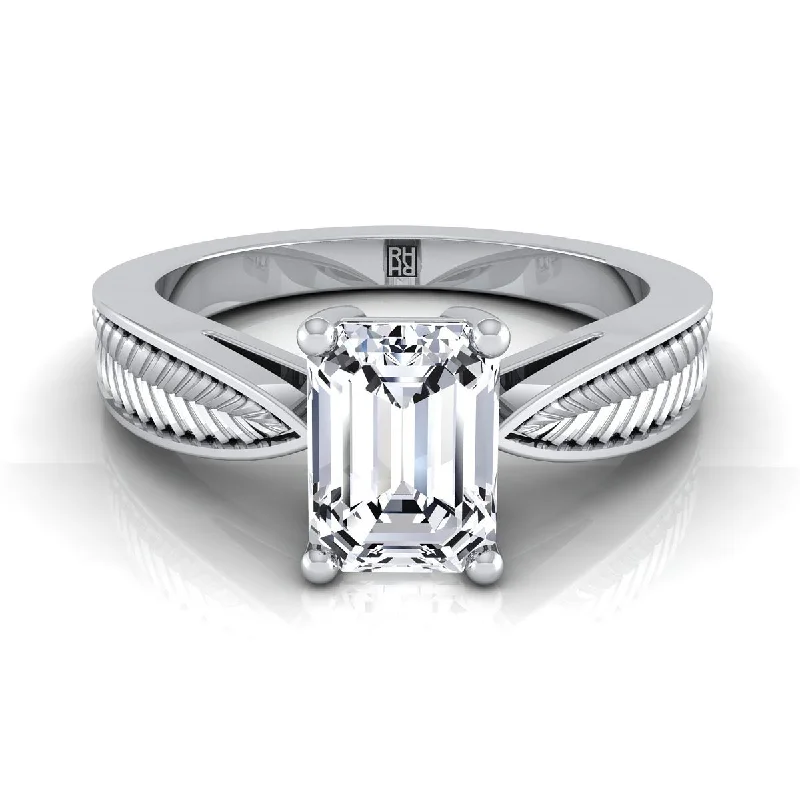 custom wedding rings with personalized engravings-14K White Gold Emerald Cut Vintage Inspired Leaf Pattern Pinched Solitaire Engagement Ring