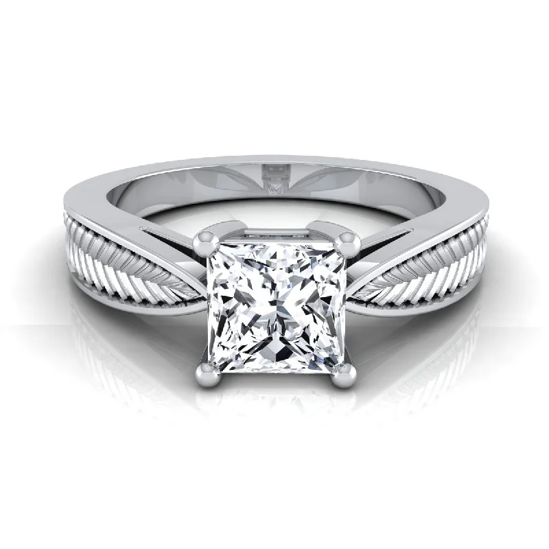 large diamond engagement rings for women-18K White Gold Princess Cut Vintage Inspired Leaf Pattern Pinched Solitaire Engagement Ring