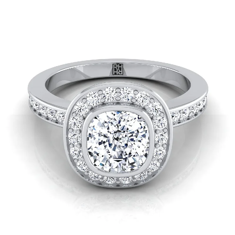 men’s silver rings with diamond inlays-Platinum Cushion Diamond Matching Halo and Channel Band Engagement Ring -3/8ctw