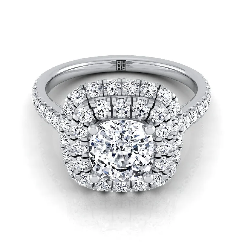 unique wedding rings with vintage finishes-18K White Gold Cushion Double Halo and Linear Pave Engagement Diamond Ring -3/4ctw