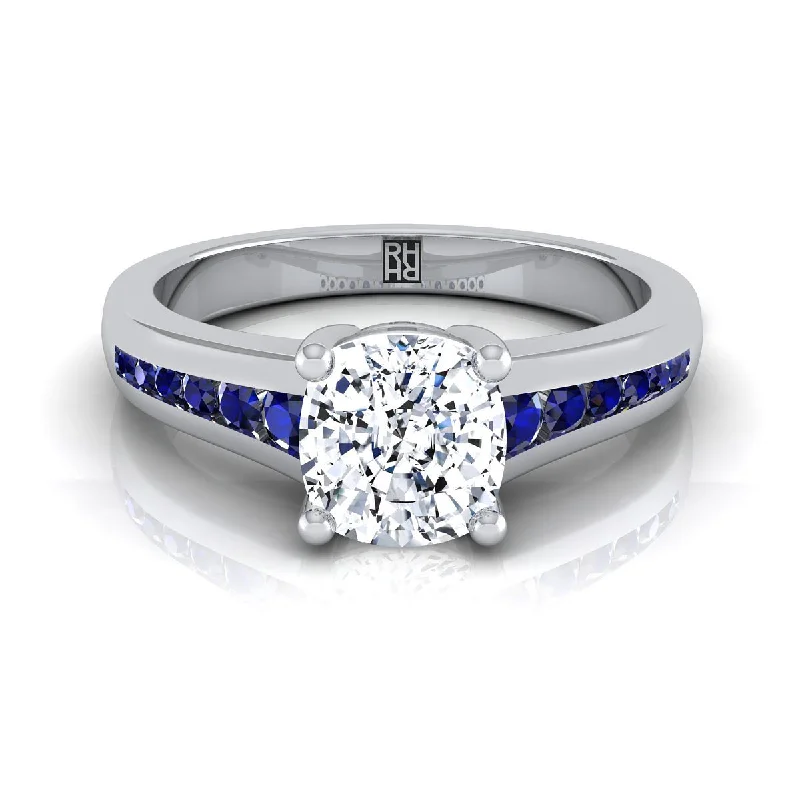 engagement rings with square diamond settings-18K White Gold Cushion Contemporary Tapered Blue Sapphire Channel Engagement Ring