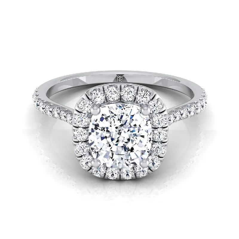 platinum engagement rings with solitaire diamonds-Platinum Cushion Diamond Shared Prong Halo Engagement Ring -3/8ctw