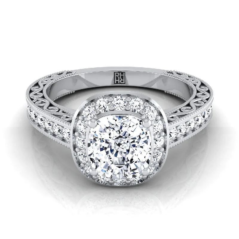 women’s rings with lab-created diamonds-Platinum Cushion Hand-Engraved Delicate Diamond Milgrain Engagement Ring -1/2ctw