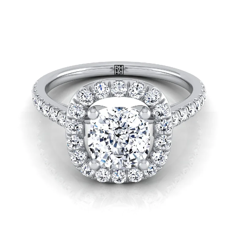 women’s engagement rings with round sapphires-Platinum Cushion Diamond Simple French Pave Halo Engagement Ring -1/2ctw