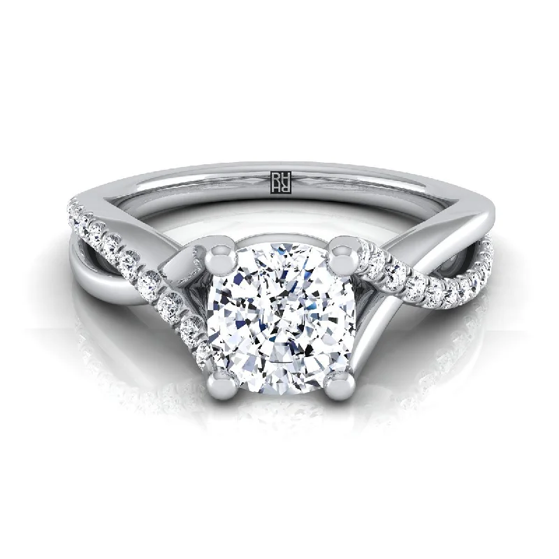 custom wedding rings with personalized engravings-Platinum Cushion Bypass Pave Diamond Twist Engagement Ring -1/6ctw