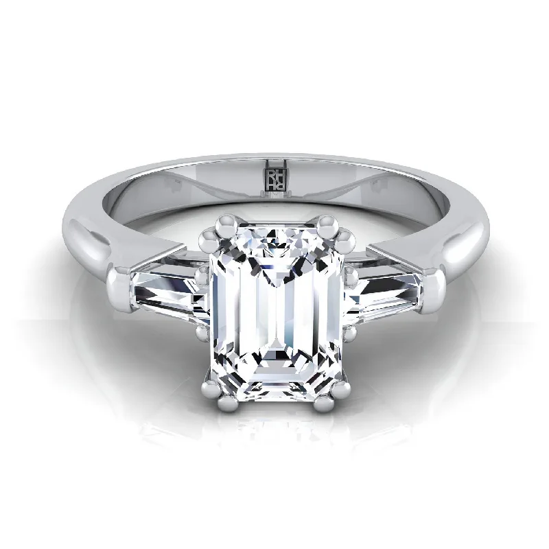 platinum rings with ruby accents for women-Platinum Emerald Cut Diamond Tapered Baguette Engagement Ring -1/4ctw