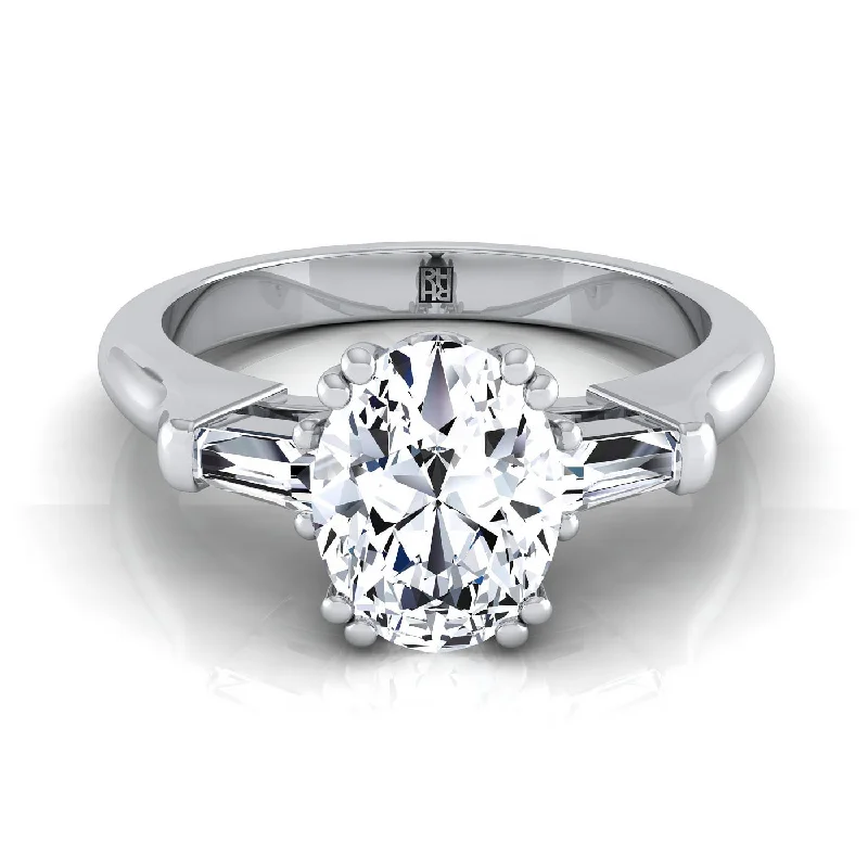 women’s diamond rings with classic round stones-Platinum Oval Diamond Tapered Baguette Engagement Ring -1/4ctw