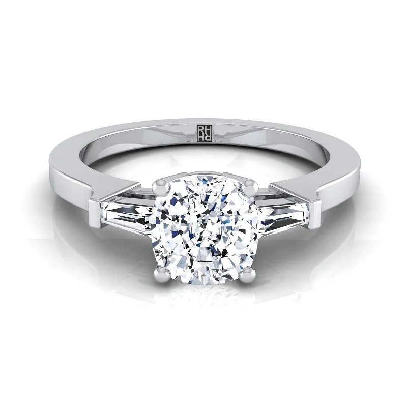 men’s custom wedding rings with sapphires-Platinum Cushion Diamond Tapered Baguette Accent Engagement Ring -1/4ctw