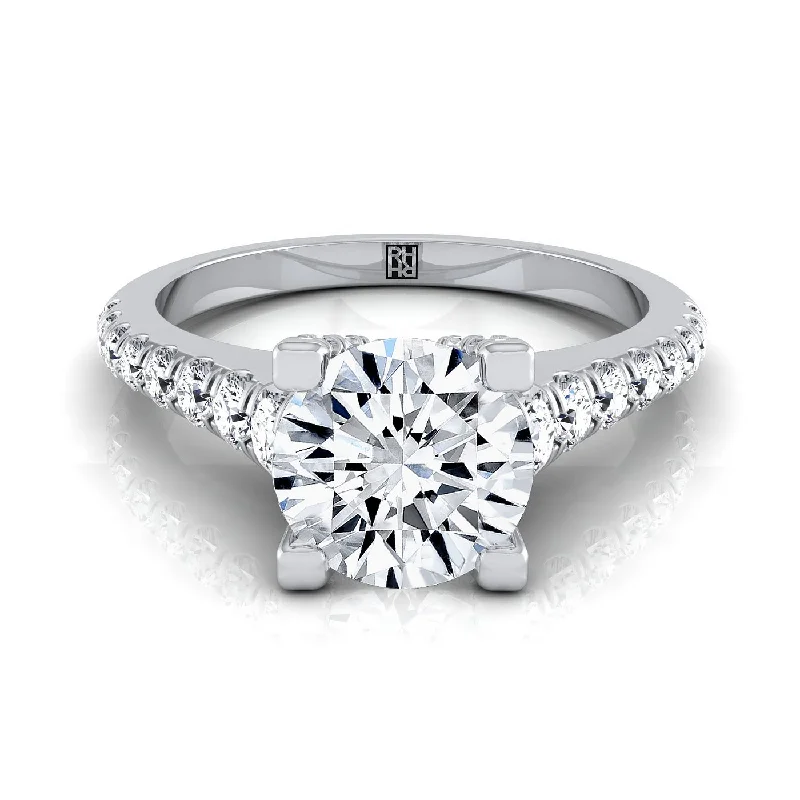 custom rings with birthstones for engagement-Platinum Round Brilliant Diamond Pave Prong Linear Engagement Ring -1/2ctw