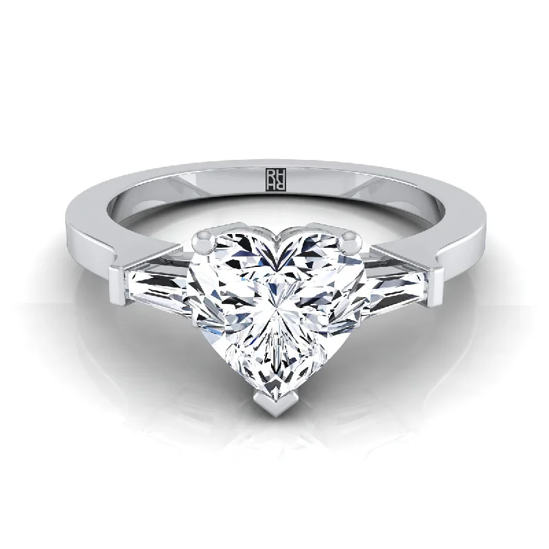 engagement rings with square diamond settings-Platinum Heart Shape Center Diamond Tapered Baguette Accent Engagement Ring -1/4ctw