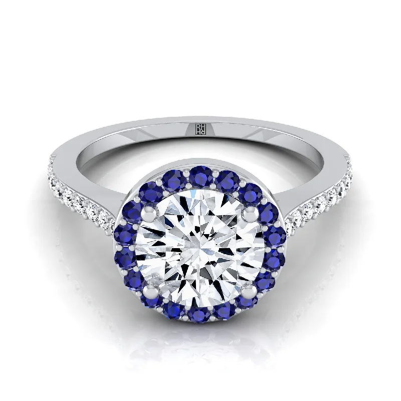 women’s rings with multi-colored gemstones-18K White Gold Round Brilliant Classic French Pave Blue Sapphire Halo and Linear Engagement Ring -1/6ctw