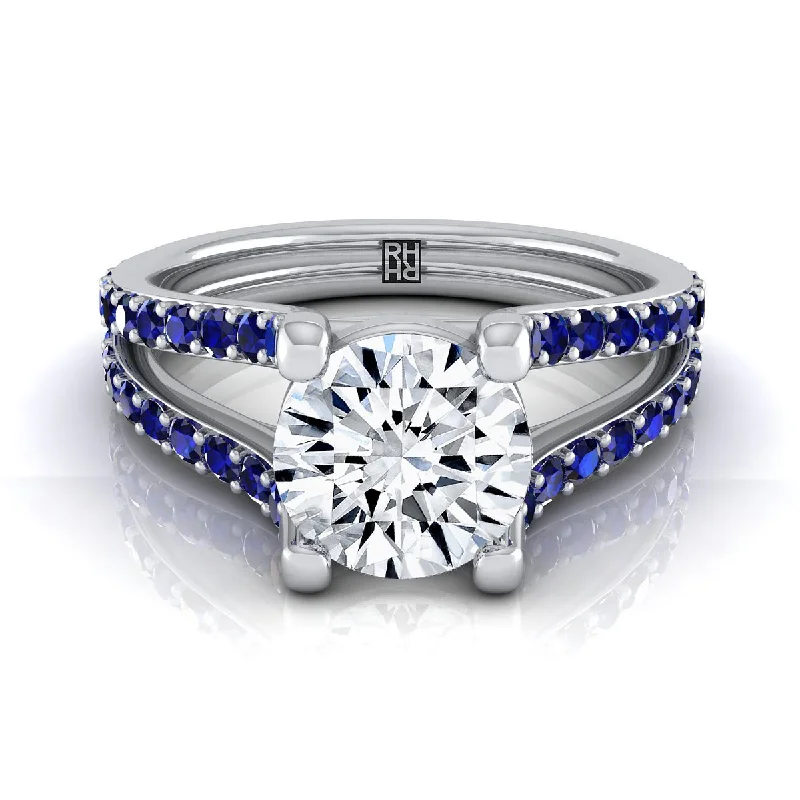 gold engagement rings with sapphire and diamonds-18K White Gold Round Brilliant Prong Set Sapphire Split Shank Engagement Ring