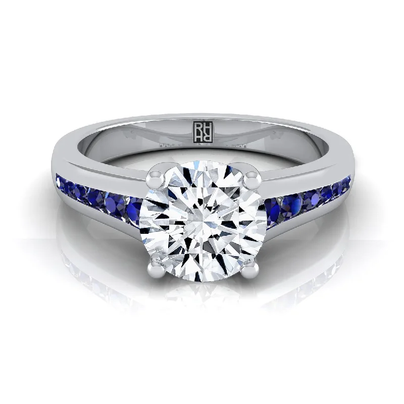 custom sapphire rings for engagement-18K White Gold Round Brilliant Contemporary Tapered Blue Sapphire Channel Engagement Ring