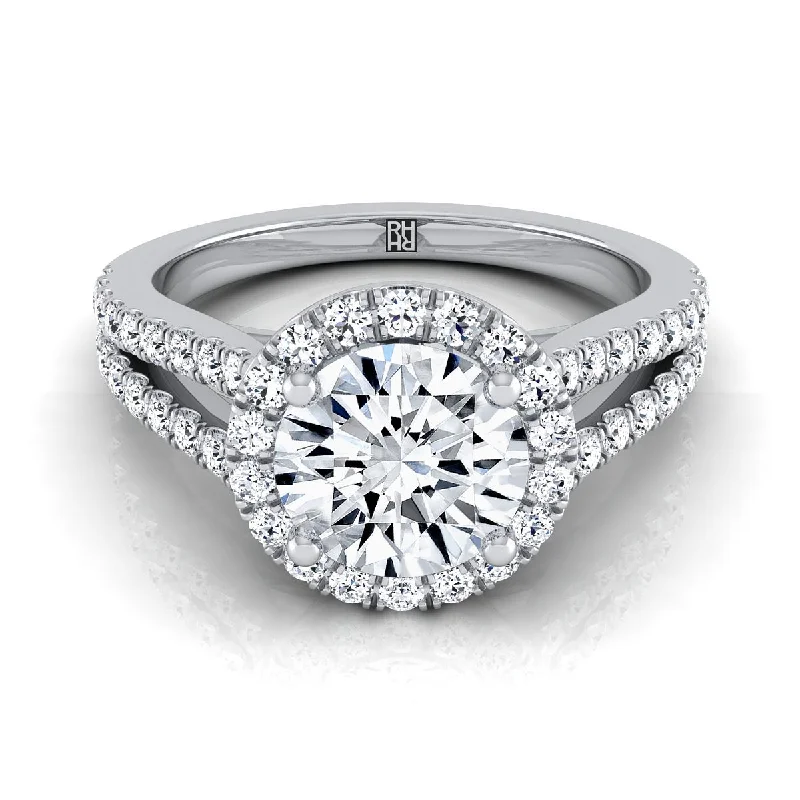 women’s engagement rings with intricate details-Platinum Round Brilliant Split Shank and Diamond Pave Halo Engagement Ring -1/2ctw