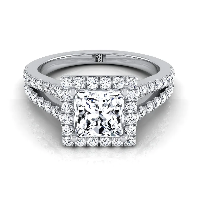 platinum wedding rings with multi-stone settings-Platinum Princess Cut Split Shank and Diamond Pave Halo Engagement Ring -1/2ctw