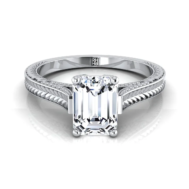 classic diamond rings for women-18K White Gold Emerald Cut  Hand Engraved Vintage Cathedral Style Solitaire Engagement Ring