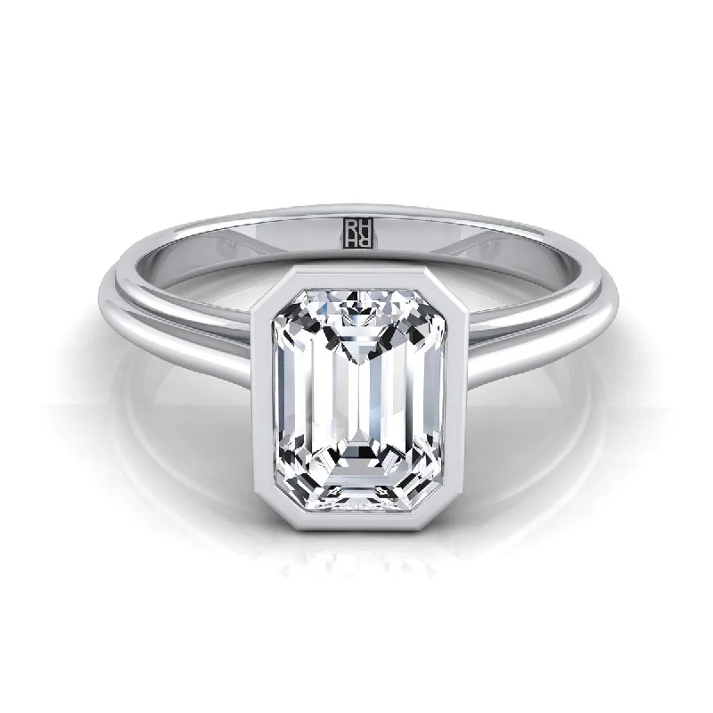 men’s wedding bands with contemporary designs-18K White Gold Emerald Cut  Bezel Halo Cathedral Solitaire Engagement Ring