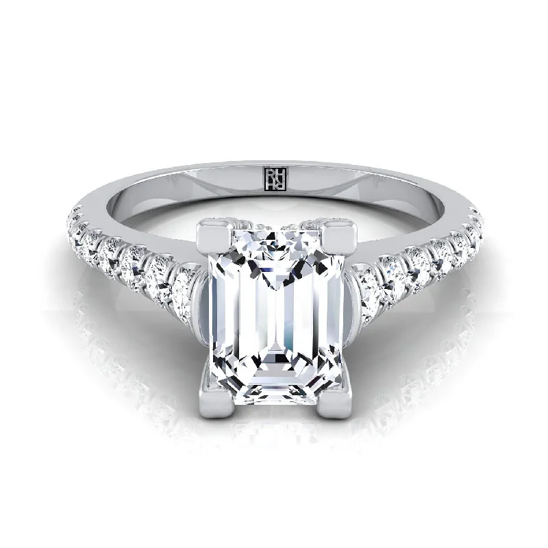 women’s engagement rings with diamond pave settings-Platinum Emerald Cut Diamond Pave Prong Linear Engagement Ring -1/2ctw