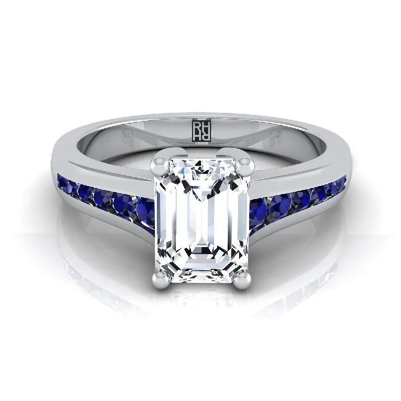 men’s wedding rings with opal stones-18K White Gold Emerald Cut Contemporary Tapered Blue Sapphire Channel Engagement Ring