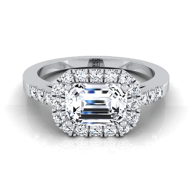 wedding rings with large round diamonds for men-Platinum Emerald Cut Diamond Horizontal Fancy East West Halo Engagement Ring -1/3ctw