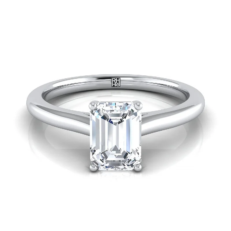 engagement rings with square diamond settings-18K White Gold Emerald Cut  Pinched Comfort Fit Claw Prong Solitaire Engagement Ring