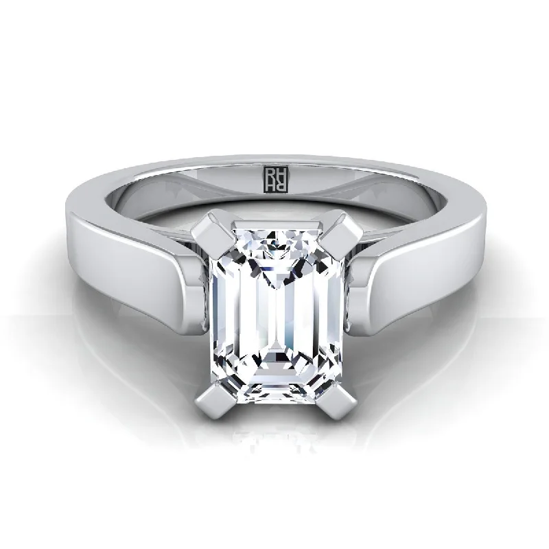 wedding rings with side diamond stones-18K White Gold Emerald Cut  Cathedral Style Solitaire Engagement Ring