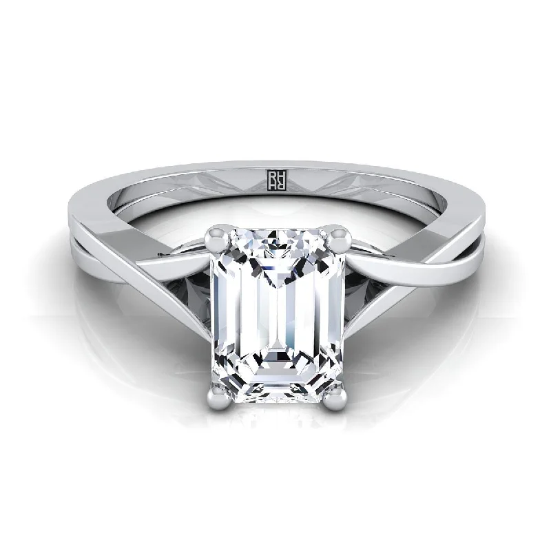 men’s vintage engagement rings with diamonds-18K White Gold Emerald Cut Delicate Twist Solitaire Engagement Ring