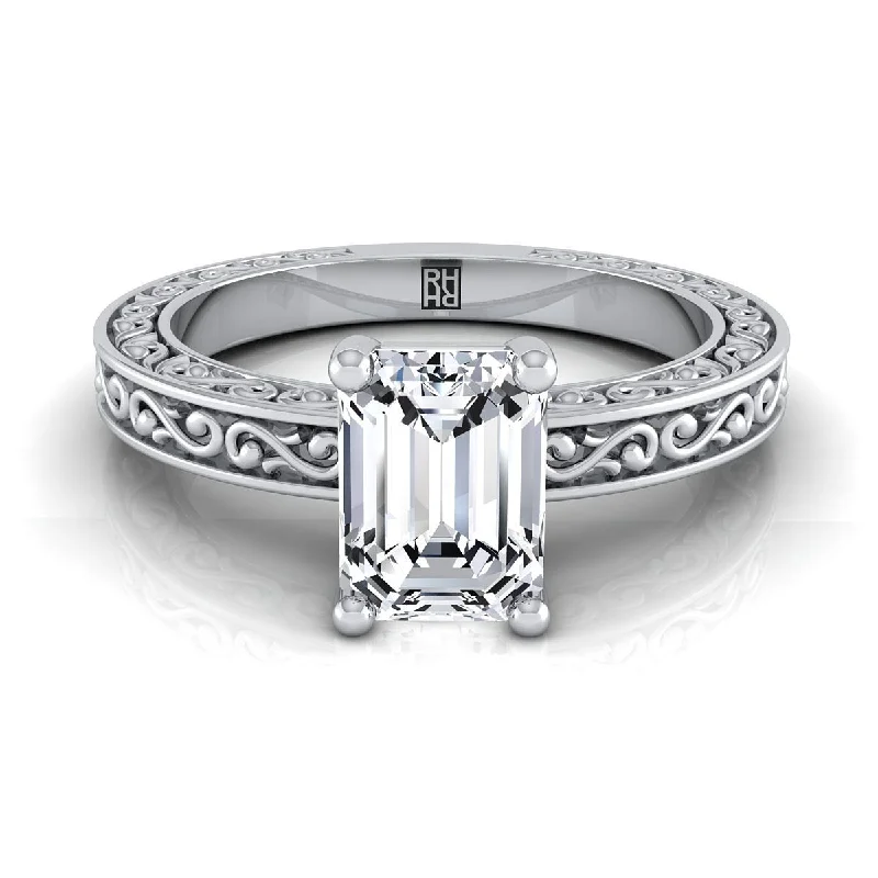 engagement rings with color-changing gemstones-18K White Gold Emerald Cut Hand Engraved Scroll Vintage Solitaire Engagement Ring