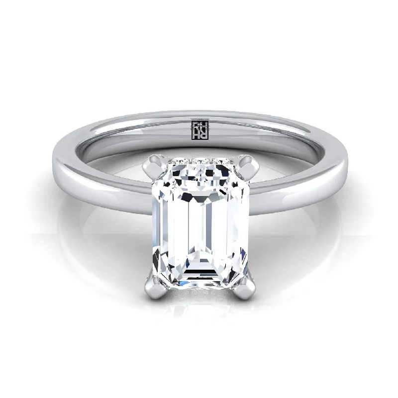 men’s wedding rings with brushed finishes-Platinum Emerald Cut Diamond Adorned Claws and Secret Halo Solitaire Engagement Ring -1/10ctw