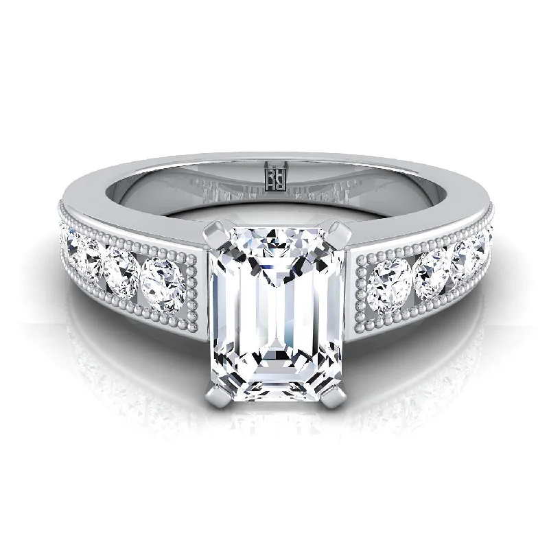 engagement rings with emerald side diamonds-Platinum Emerald Cut Diamond Antique Milgrain Bead and Channel Set Engagement Ring -1/2ctw