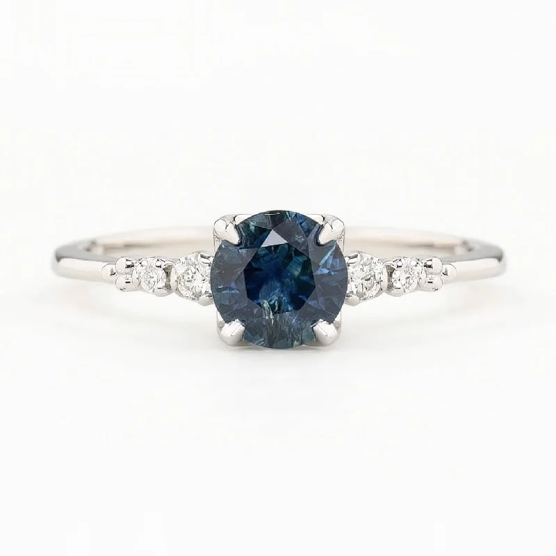 unique rings for women with diamonds-Estel Fleur Four Prongs Ring, 0.87ct Blue Montana Sapphire, 14k White Gold (One of a kind)