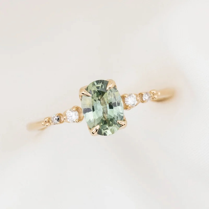 engagement rings with color-changing gemstones-Estel Fleur Four Prongs Ring, Mint Green Montana Sapphire, 14k Yellow Gold (One of a kind)